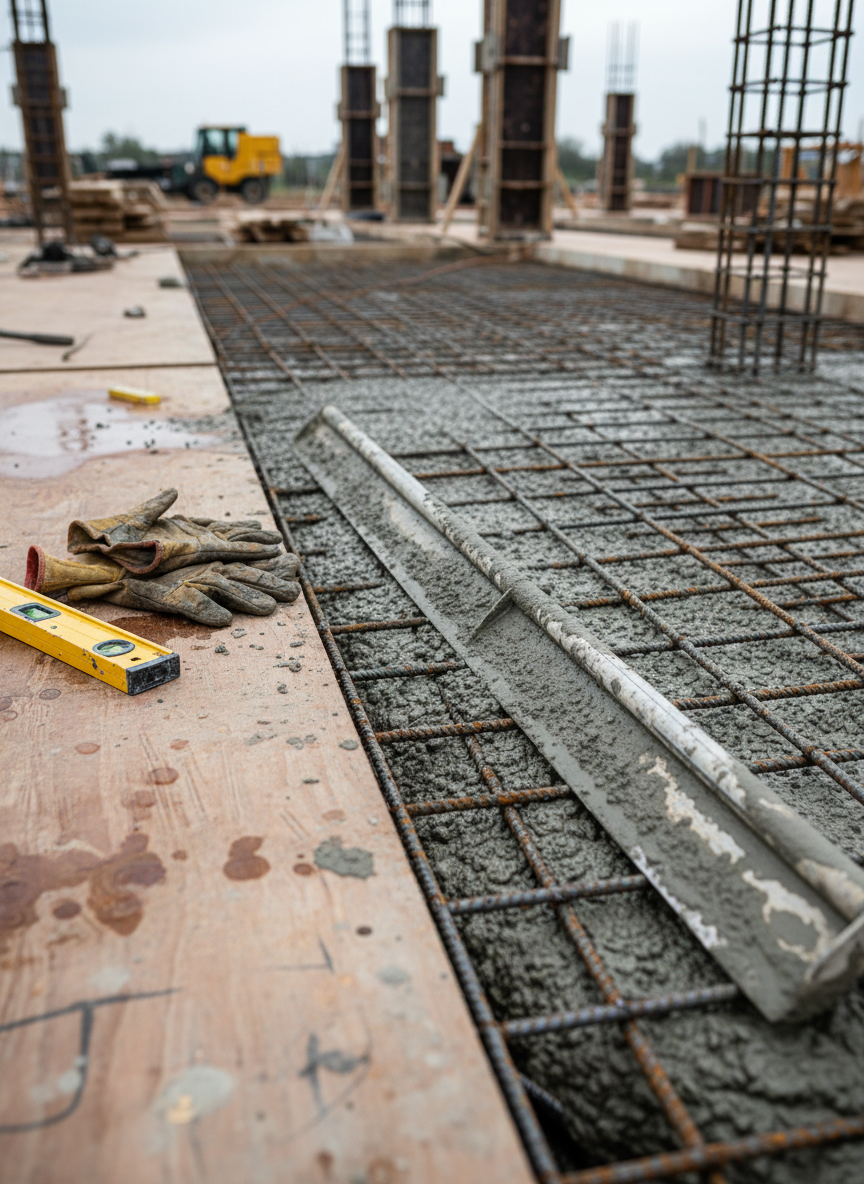 A close-up, photographic shot of a concrete foundation pour in progress, captured without workers but rich in tactile details. The main focus is a section of freshly poured concrete spreading around dense grids of rebar, with a vibrating screed resting at the edge, its metal surface speckled with splashes of gray. Nearby, a pair of well-used work gloves and a level lie on damp plywood decking, suggesting the unseen crew. Soft, diffused daylight from an overcast sky reduces harsh contrast, emphasizing subtle textures and moisture on surfaces. Shot from a low, almost ground-level angle with shallow depth of field, the background fades into blurred column forms and stacked materials. The mood is immersive and gritty yet controlled, celebrating the craft and quiet narrative in each layer of the build.