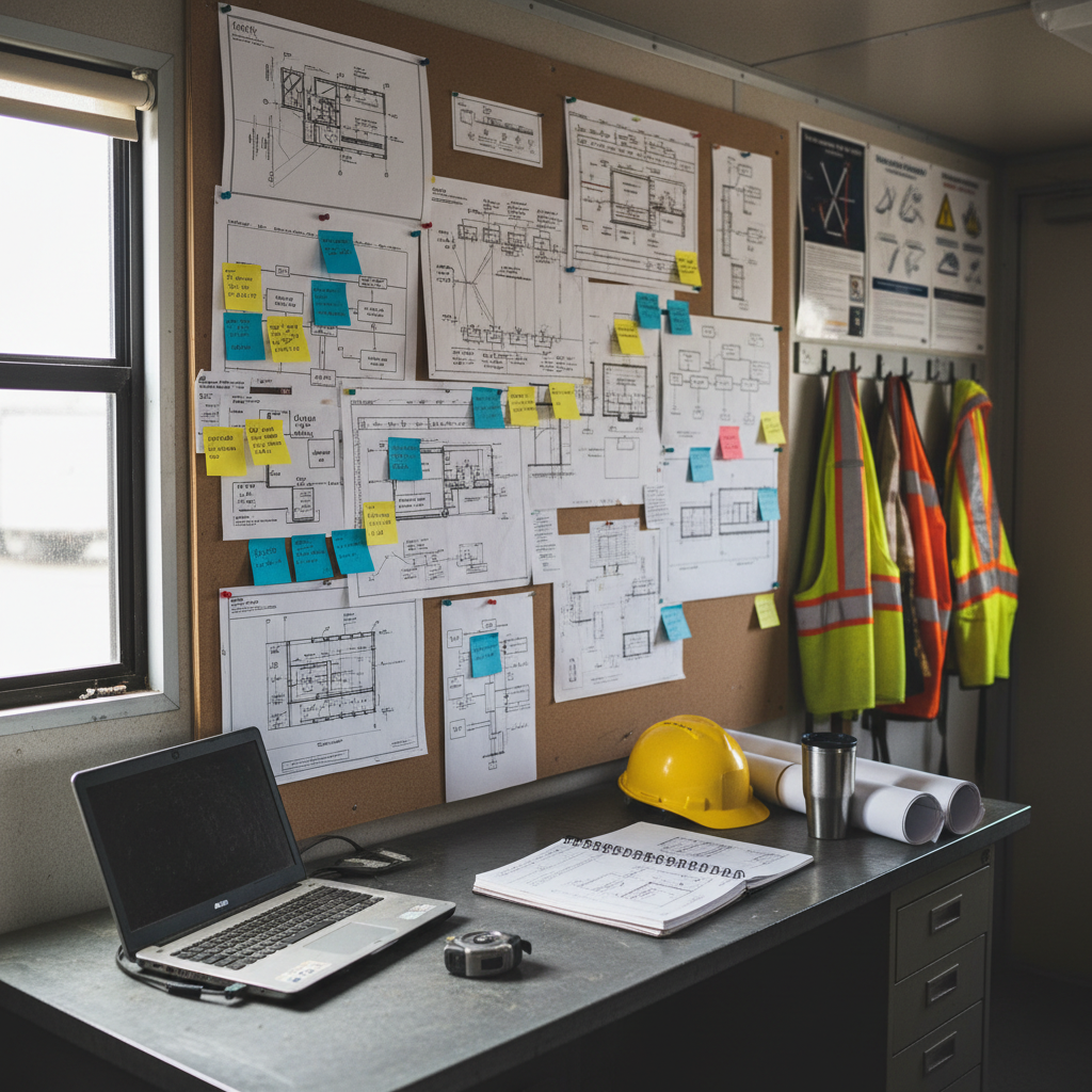 A meticulously organized temporary site office inside a jobsite trailer, photographed with documentary realism. The central focus is a large plywood planning wall covered in pinned drawings, color-coded sticky notes, and hand-sketched sequencing diagrams, all carefully rendered without legible text. Below, a sturdy metal desk holds a rugged laptop, a thick, dog-eared field notebook, a steel tape measure, and a bright yellow hard hat placed beside a neatly rolled set of plans. Diffused overcast daylight filters in through a narrow window, creating soft, even lighting and minimal shadows. Shot from a slightly elevated angle with moderate depth of field, the background shows blurred safety posters and high-visibility vests hanging on hooks. The mood is analytical and organized, highlighting the storytelling and decision-making that shapes every construction project.